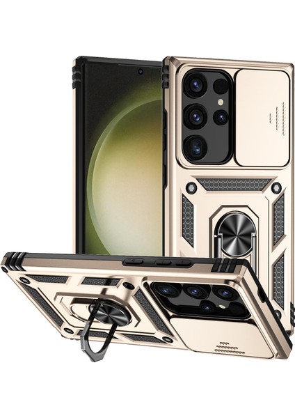 Samsung Galaxy S24 Ultra Için Halka Ayaklı ve Kayar Kamera Kapaklı Telefon Kılıf - Altın (Yurt Dışından)