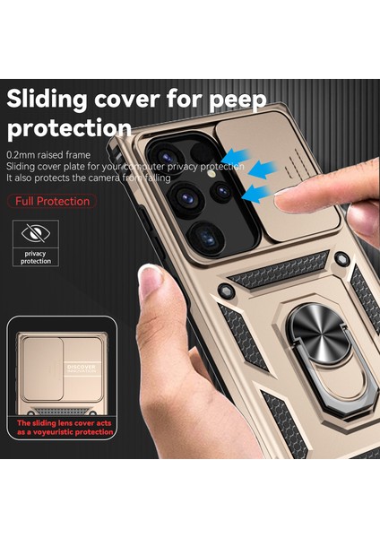 Samsung Galaxy S24 Ultra Için Halka Ayaklı ve Kayar Kamera Kapaklı Telefon Kılıf - Altın (Yurt Dışından) modelleri
