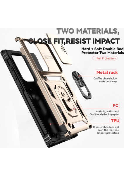 Samsung Galaxy S24 Ultra Için Halka Ayaklı ve Kayar Kamera Kapaklı Telefon Kılıf - Altın (Yurt Dışından) fırsatları