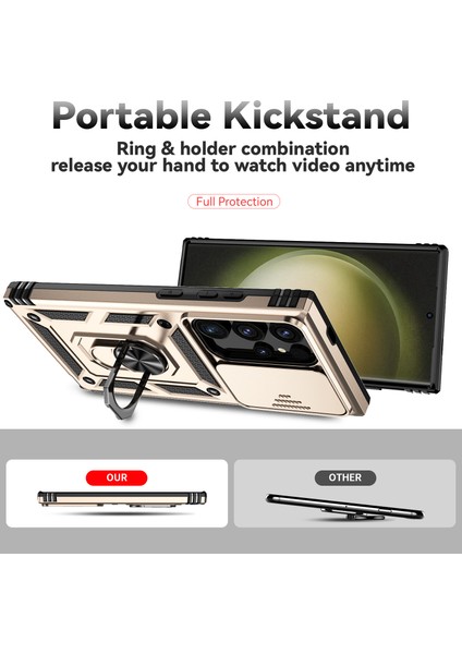 Samsung Galaxy S24 Ultra Için Halka Ayaklı ve Kayar Kamera Kapaklı Telefon Kılıf - Altın (Yurt Dışından) indirimleri