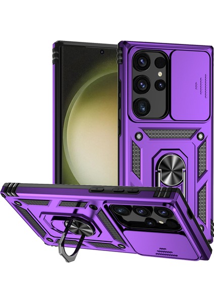 Samsung Galaxy S24 Ultra Için Halka Ayaklı ve Kayar Kamera Kapaklı Telefon Kılıf - Mor (Yurt Dışından)