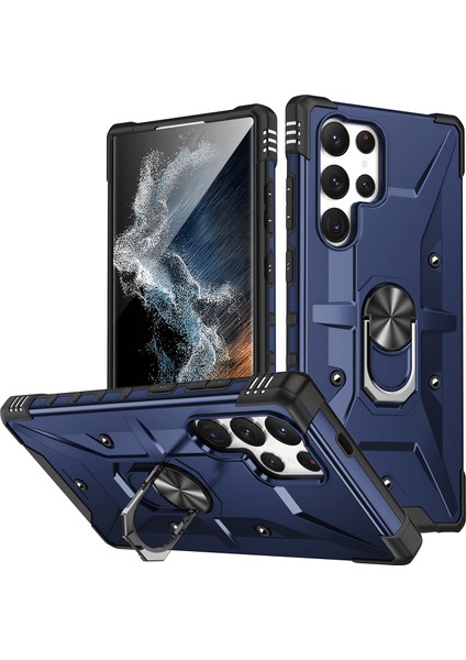 Samsung Galaxy S24 Ultra Için Halka Tutucu Standlı Çift Katmanlı Telefon Kılıfı - Lacivert (Yurt Dışından)