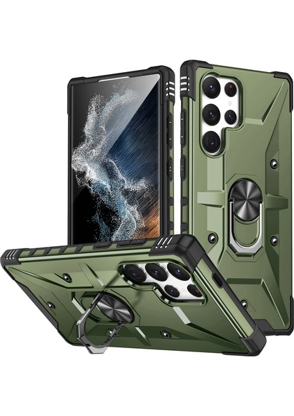 Samsung Galaxy S24 Ultra Için Halka Tutucu Standlı Çift Katmanlı Telefon Kılıfı - Dark Yeşil (Yurt Dışından)