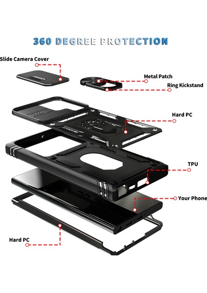 Samsung Galaxy S24 Ultra Için Kayar Lens Koruyucu Halka Standlı Telefon Kılıfı - Siyah (Yurt Dışından)