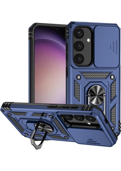 Samsung Galaxy S24+ Için Halka Ayaklı ve Kayar Kamera Kapaklı Telefon Kılıf - Mavi (Yurt Dışından)
