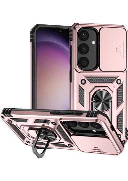 Samsung Galaxy S24+ Için Halka Ayaklı ve Kayar Kamera Kapaklı Telefon Kılıf - Rose Gold (Yurt Dışından)