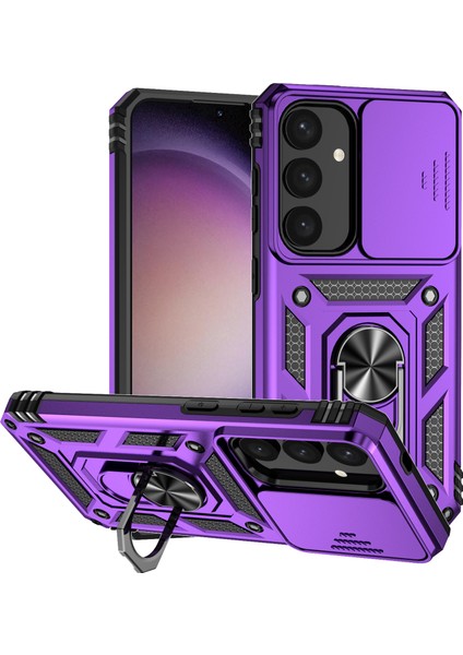 Samsung Galaxy S24+ Için Halka Ayaklı ve Kayar Kamera Kapaklı Telefon Kılıf - Mor (Yurt Dışından)