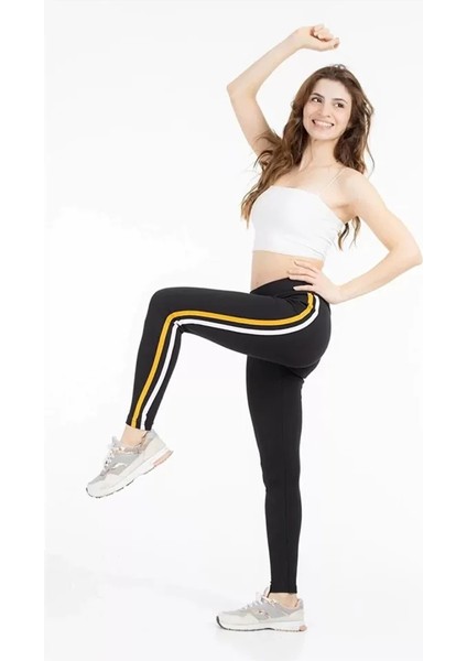 Yanı Iki Sarı-Beyaz Şeritli Tayt - Siyah