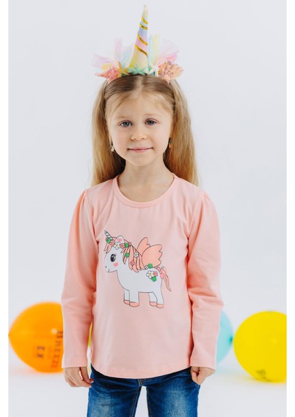 Kız Çocuk Uzun Kollu Tişört Unicorn Baskılı 1-4 Yaş, Somon