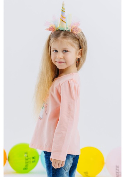 Kız Çocuk Uzun Kollu Tişört Unicorn Baskılı 1-4 Yaş, Somon fiyatları