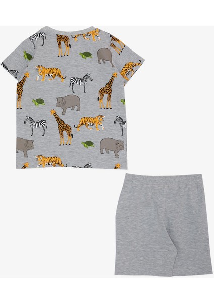 Erkek Çocuk Takım Şortlu Güçlü Hayvanlar Desenli 1.5-5 Yaş, Gri Melanj