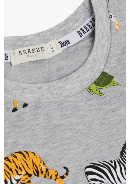 Erkek Çocuk Takım Şortlu Güçlü Hayvanlar Desenli 1.5-5 Yaş, Gri Melanj