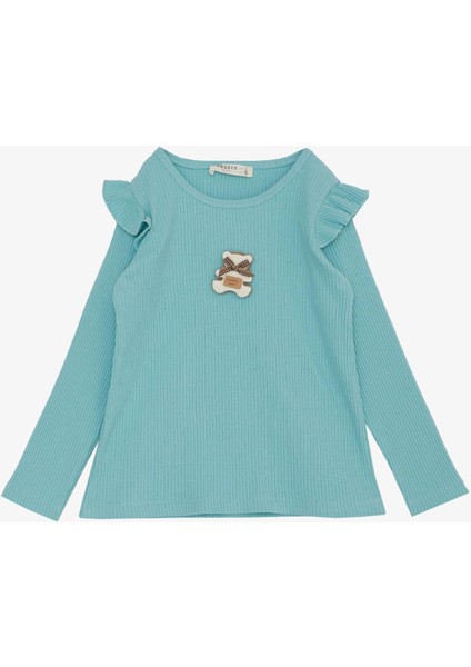 Kız Çocuk Uzun Kollu Tişört Mutlu Ayıcık Aksesuarlı Omzu Fırfırlı 2-6 Yaş, Su Yeşili