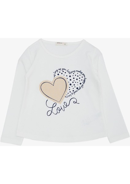 Kız Çocuk Uzun Kollu Tişört Kazayağı Puantiyeli Kalp Baskılı Yazılı 3-8 Yaş, Ekru