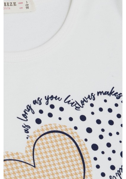 Kız Çocuk Uzun Kollu Tişört Kazayağı Puantiyeli Kalp Baskılı Yazılı 3-8 Yaş, Ekru modelleri