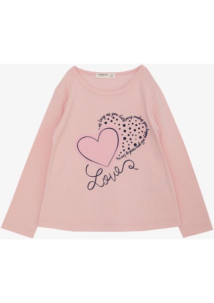 Kız Çocuk Uzun Kollu Tişört Kazayağı Puantiyeli Kalp Baskılı Yazılı 3-8 Yaş, Pembe