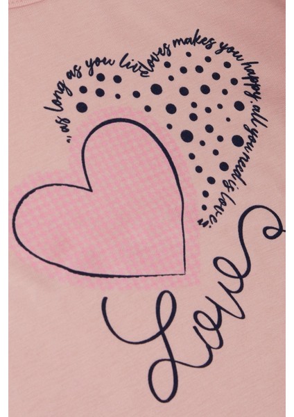 Kız Çocuk Uzun Kollu Tişört Kazayağı Puantiyeli Kalp Baskılı Yazılı 3-8 Yaş, Pembe fırsatları