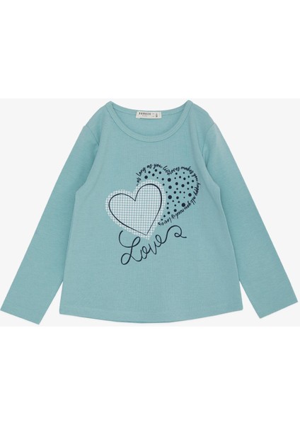 Kız Çocuk Uzun Kollu Tişört Yazlı Kalp Baskılı 3-8 Yaş, Su Yeşili