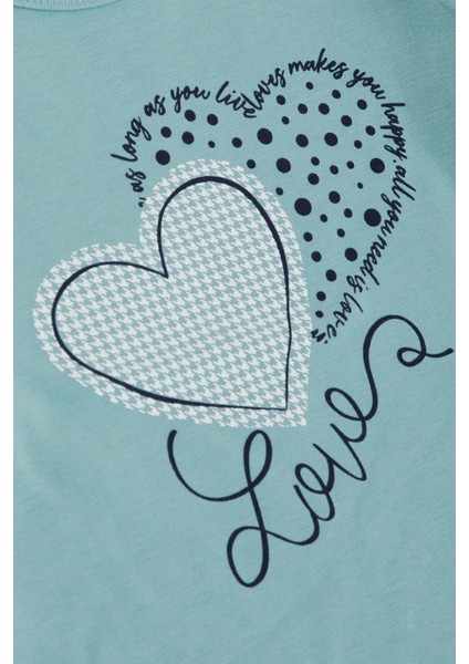 Kız Çocuk Uzun Kollu Tişört Yazlı Kalp Baskılı 3-8 Yaş, Su Yeşili fırsatları