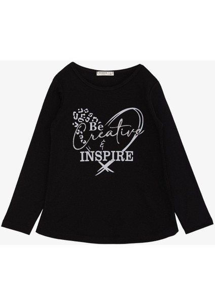 Kız Çocuk Uzun Kollu T-Shirt Yazı Baskılı Simli 6-12 Yaş Siyah