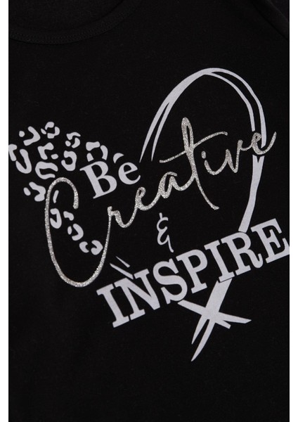 Kız Çocuk Uzun Kollu T-Shirt Yazı Baskılı Simli 6-12 Yaş Siyah modelleri