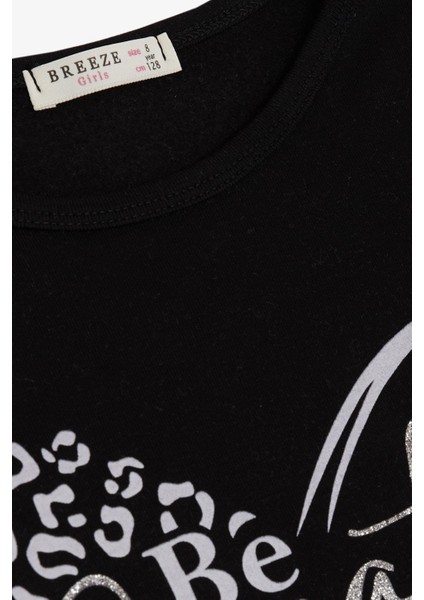 Kız Çocuk Uzun Kollu T-Shirt Yazı Baskılı Simli 6-12 Yaş Siyah fırsatları