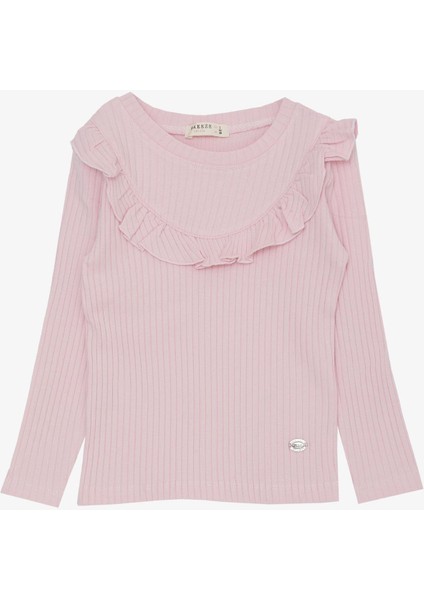 Kız Çocuk Uzun Kollu Tişört Yakası Fırfırlı Armalı 3-8 Yaş, Pembe