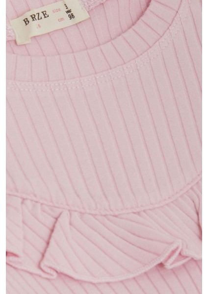 Kız Çocuk Uzun Kollu Tişört Yakası Fırfırlı Armalı 3-8 Yaş, Pembe modelleri