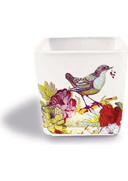 Dekoratif Buzlu Cam Mumluk Pembe Çiçekli Kuş Desen 8x8 cm (4 Adet)