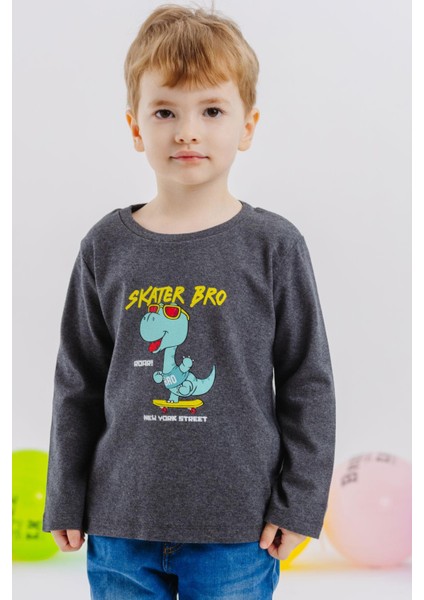 Girls & Boys Erkek Çocuk Uzun Kollu Tişört Kaykaycı Gözlüklü Dinozor Baskılı 1-4 Yaş, Koyu Gri Melanj