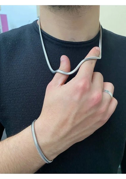 Erkek Hasır Model Kolye Bileklik Set Gümüş Gri Renk Çelik