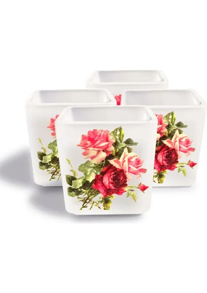 Dekoratif Buzlu Cam Mumluk Vintage Güllü Desen 8x8 cm (4 Adet)
