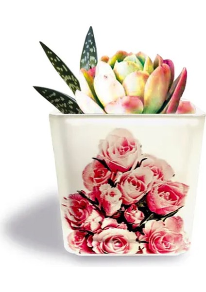 Dekoratif Buzlu Cam Mumluk Pembe Güller Desen 8x8 cm (4 Adet)