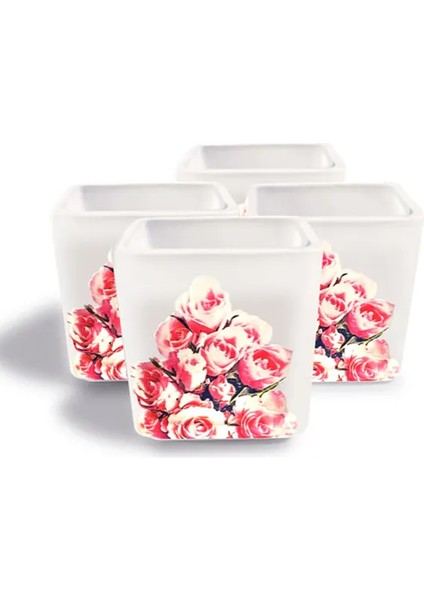 Dekoratif Buzlu Cam Mumluk Pembe Güller Desen 8x8 cm (4 Adet)