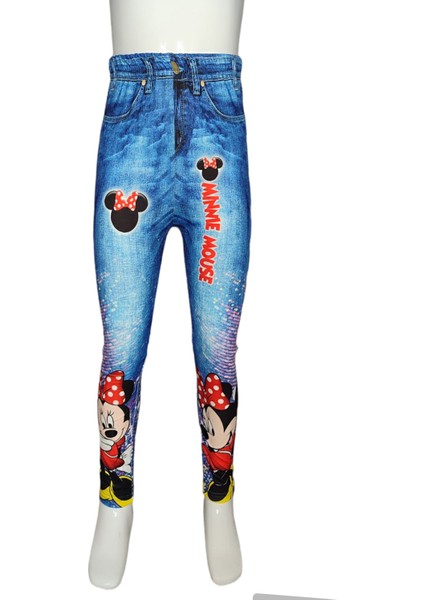 Kız Çocuk Kot Görünümlü Tayt Kız Çocuk Minnie Mouse Baskılı Tayt Kız Çocuk Günlük Tayt