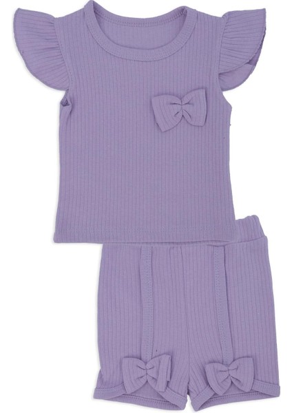 Kız Bebek Çocuk Fiyonklu Raporlu Kısa Kol Badi Şort Ikili Takım