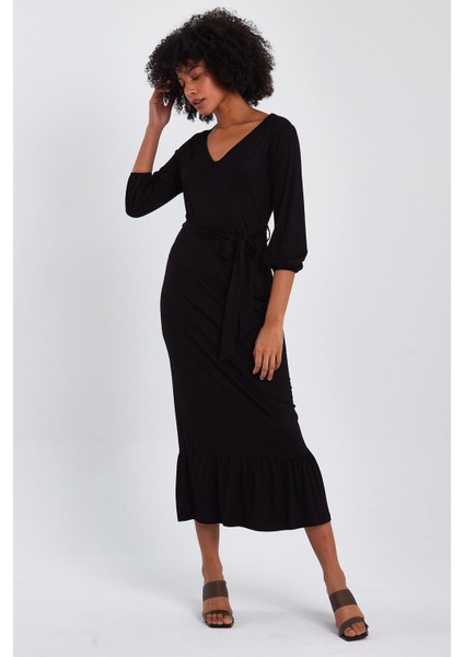 V Yaka Eteği Fırfırlı Uzun Elbise (B22-247A) fiyatları