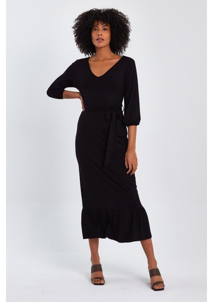 V Yaka Eteği Fırfırlı Uzun Elbise (B22-247A) modelleri