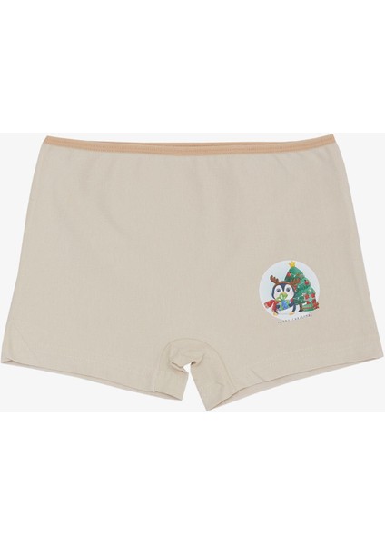 Kız Çocuk Boxer Yılbaşı Temalı Penguen Baskılı 5-11 Yaş, Bej