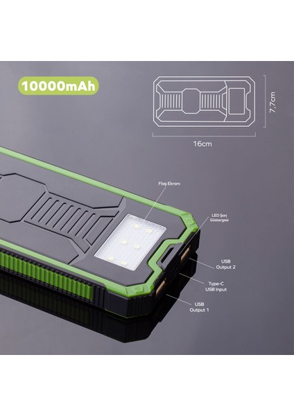Güneş Enerjili Solar Powerbank 10000mah Led Işıklı Taşınabilir Şarj Cihazı Yeşil modelleri
