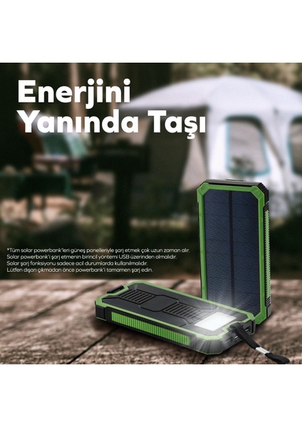 Güneş Enerjili Solar Powerbank 10000mah Led Işıklı Taşınabilir Şarj Cihazı Yeşil indirimleri
