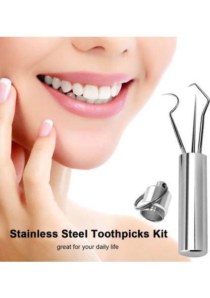 3 Types Portable Toothpicks Stainless Steel Tooth Pick Sticks Pocket Toothpick With Holder For Teeth Cleaning Teeth Care Tools (Yurt Dışından)