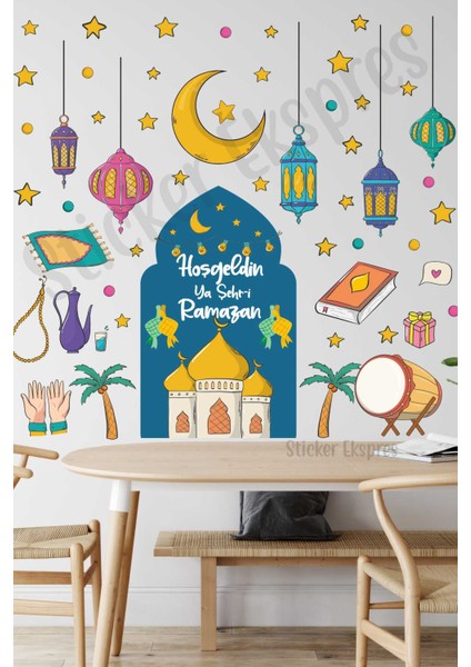 Kubbeli Hoşgeldin Ramazan Temalı Ramazan Süsü Cam Duvar Kapı Sticker Seti