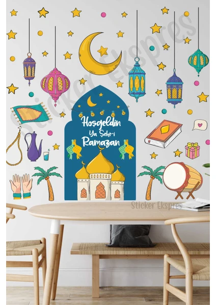 Sticker Ekspres Kubbeli Hoşgeldin Ramazan Temalı Ramazan Süsü Cam Duvar Kapı Sticker Seti