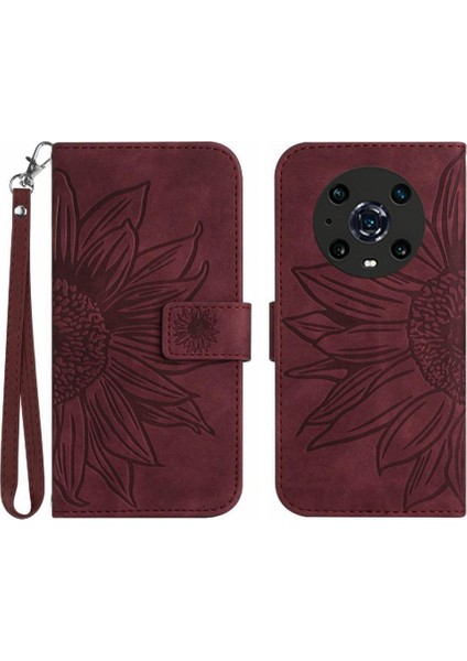 Onur Magic4 Pro Flip Cüzdan Için Kabartmalı Ayçiçeği Kısa Telefon Kılıfı (Yurt Dışından)