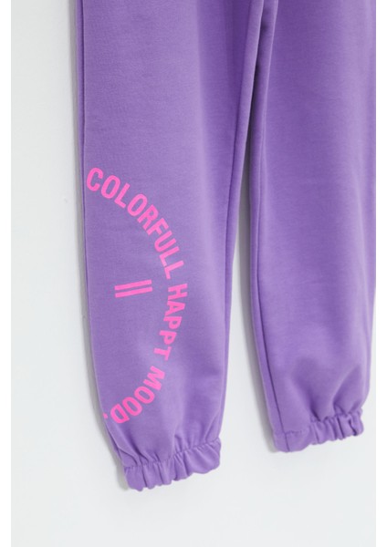 Lila Colorfull Baskılı Beli Lastikli Kız Çocuk Eşofman Altı 17727