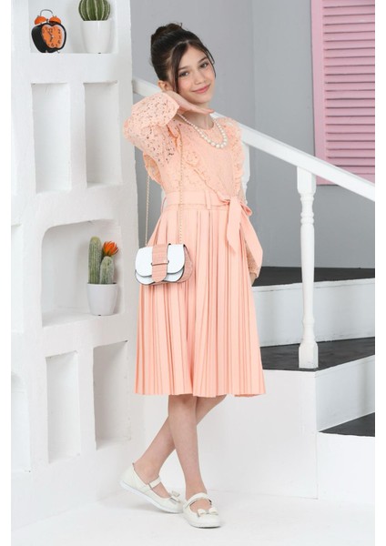 Somon Dantel Tüllü Kemerli Kız Çocuk Kolye ve Çantalı Elbise 18068