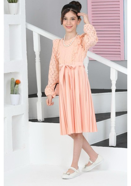 Somon Dantel Tüllü Kemerli Kız Çocuk Kolye ve Çantalı Elbise 18068 fiyatları