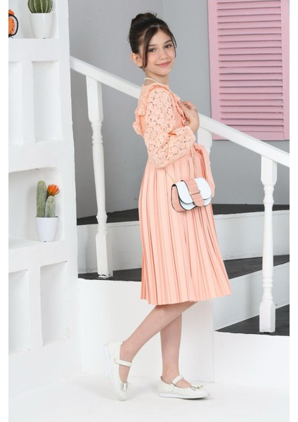 Somon Dantel Tüllü Kemerli Kız Çocuk Kolye ve Çantalı Elbise 18068 modelleri