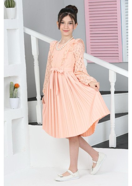 Somon Dantel Tüllü Kemerli Kız Çocuk Kolye ve Çantalı Elbise 18068 indirimleri